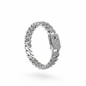 Silver Cuban Link Crystal Bracelet Hip Hop Iced Out 7.5”x 1/2"
